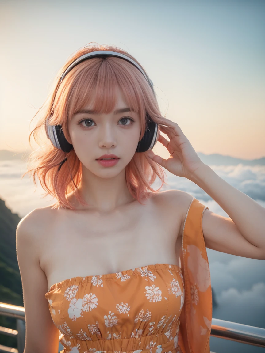 Top Quality, Masterpiece, Super High Resolution, (Actual:1.3), Original Photo, (Nature Photography), (Magnificent mountaintop, Sea of clouds), (Very wide mountain top), (Sunset), (Girl), (Upper body), (Natural Light: 1.0), (Side View: 0.0), (Cowboy Shot: 0.0), (upper body: 1.8), (Close-up: 0.8), Portrait, Cinematic Lighting, Glow, Ray tracing, reflected light, f135mm, UHD, accurate, skin texture, super detail, great detail, high quality, highest quality, 8k, (surrealism: 1.2), BREAK, (Japanese: 1.3), (22 years old: 1.0), (Small breasts: 1.2), (Long, large, slit eyes: 1.8), (Realistic eyes: 1.8), (Height at 160cm: 1.2) , (a little fat), (Transparent white skin: 1.2), (Short curly bright pink hair with bangs: 1.3), (Deep eyeshadow makeup: 1.4), BREAK, (Correct hand: 1.3), (Correct fingertips: 1.2), Sexy pose, (Place hand near cheek: 1.2), BREAK, (Big white headphones: 1.4), (Wearing an orange and white printed strapless dress: 1.3), BREAK, seagull