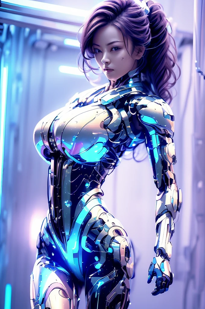 Highest quality, masterpiece, figure, (Realistic, photo-Realistic:1.37), wonderful, In detail, Incredibly absurd, Large file size, Very detailed, High resolution, Very detailed CG Unity 8k wallpaper, Very detailed目と顔, Ray Tracing, Browsing Caution, NUDE, One girl, Korean cyborg girl is innocent and young々Has a sly expression. She poses boldly with her arms raised above her head, Revealing her voluptuous figure. She is wearing a small black mecha armor top that barely covers her breasts., Exposing most of her flawless skin. Her shoulders and head have more armor detailing.、There are shining highlights, Tech Panels and Mechanisms. She is standing against a futuristic cityscape lit up with vibrant neon lights.、Standing full of energy。.