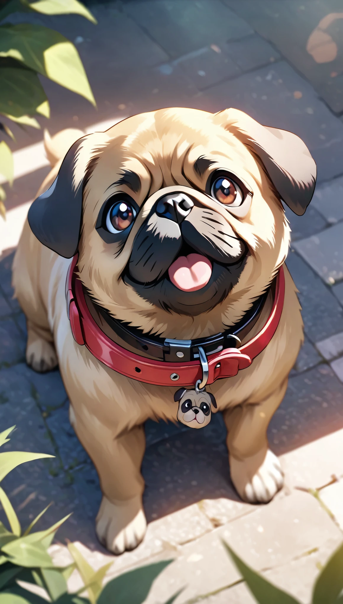 Commemorative photo of dog, 1 Pug dog, Pug puppy, Looking up:1.2, Wear collar only:1.1, Playing in the park, Dazzling expression, Plants, Light and shadow with attention to detail, Background Blur, (Highest quality:1.2, 4K, 8k, Very detailed, Attention to detail, masterpiece:1.2, Best aesthetics),