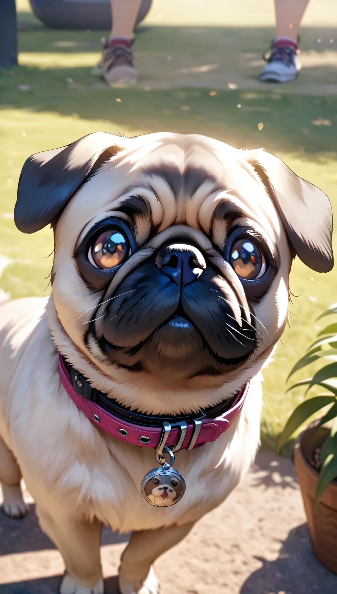 Commemorative photo of dog, 1 Pug dog, Pug puppy, Looking up:1.2, Wear collar only:1.1, Playing in the park, Dazzling expression, Plants, Light and shadow with attention to detail, Background Blur, (Highest quality:1.2, 4K, 8k, Very detailed, Attention to detail, masterpiece:1.2, Best aesthetics),