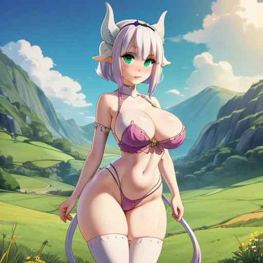 foreground, Girl , smooth white skin freckles , with green eyes , voluminous lips, perfect slender and detailed body,  huge breasts , Wide hips, waist and green landscape, Nswf, dragon ears and tail