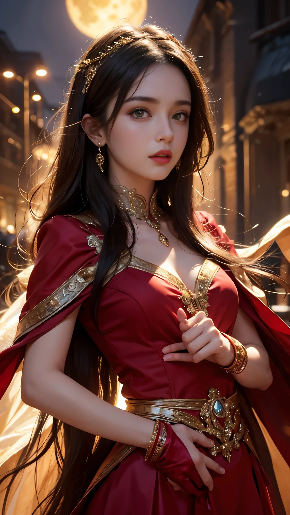 8K ultra hd, masterpiece,1 girl, ((realistic face)), detailed eyes, ((very long hair)), flowing hair, small breasts, royal dress, decorated dress, red dress, anitque jwellery, detailed lacing, flowing cape, bare navel, moon light, amazing night outdoor, spot lights, glowing lights, depth of field, ray tracing, bloom, realistic shadow, tyndal effect, spreding, lights, looking at the audience, attractive pose,