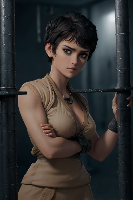 r0s4b3lls,Closeup of face, short hair, standing behind prison bars, Cell, naked,