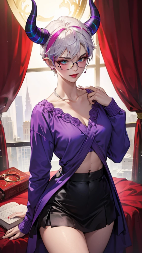 8k, masterpiece, best quality, highly detailed, 1 girl, tiefling, warlock, pixie cut, multicolored hair, very short straight hair red highlight hair on white hair, strippled hair, wearing glasses, round glasses, earrings, navel piercing, red eyeshadow, long eyelashes, blushed cheek, red lips, necklace, rings, collarbone, mole on face, glamorous, teal and purple clothes, miniskirt, smirk, close up view, rings, looking at viewer, demon horns, solo, blue pale moon, standing, royal dress, devil books.