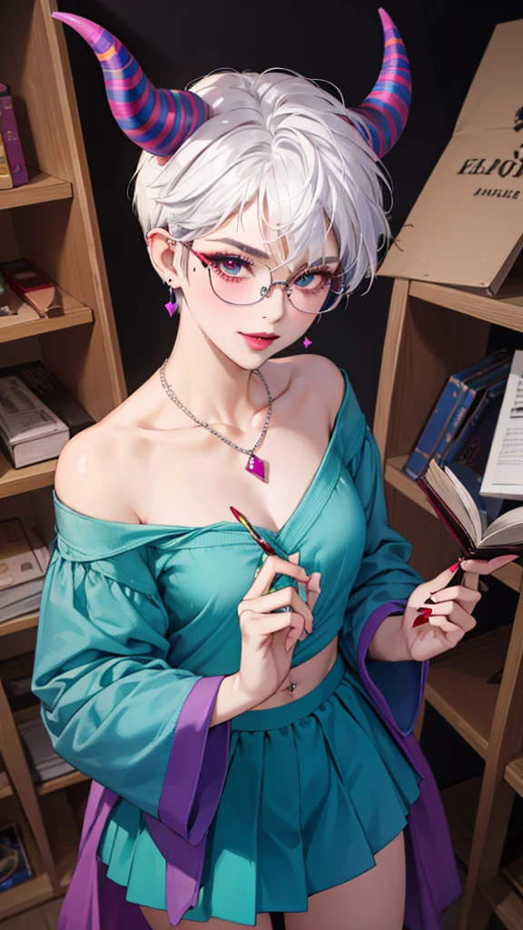 8k, masterpiece, best quality, highly detailed, 1 girl, tiefling, warlock, pixie cut, multicolored hair, very short straight hair red highlight hair on white hair, strippled hair, wearing glasses, round glasses, earrings, navel piercing, red eyeshadow, long eyelashes, blushed cheek, red lips, necklace, rings, collarbone, mole on face, glamorous, teal and purple clothes, miniskirt, smirk, close up view, rings, looking at viewer, demon horns, solo, blue pale moon, standing, royal dress, devil books.