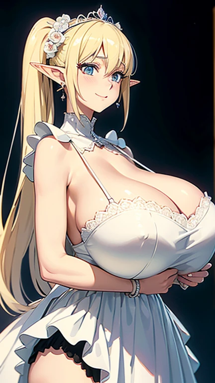 masterpiece, best quality, ultra high res, beautiful detailed hair detailed face, perfect feminine face, (photorealistic:1.4), smile, gray eyes, an anime drawing inspired by Konoshige, pixiv, danbooru, (konoshige_(ryuun)), (((attractive elf queen))), straight long hair, ((gigantic breasts:1.6)), breasts curtains, breasts apart, (saging breasts), pointy ears, long pointy ears, earrings, large hoop earrings, blonde pigtails hair, hair between eyes, ((wedding dress)), (frills), (lace), (standing), garde background, large bouquet of flowers prop, art by sakimichan, george kamitani, akira yasuda,1990s anime cels style, 1990s manga style,