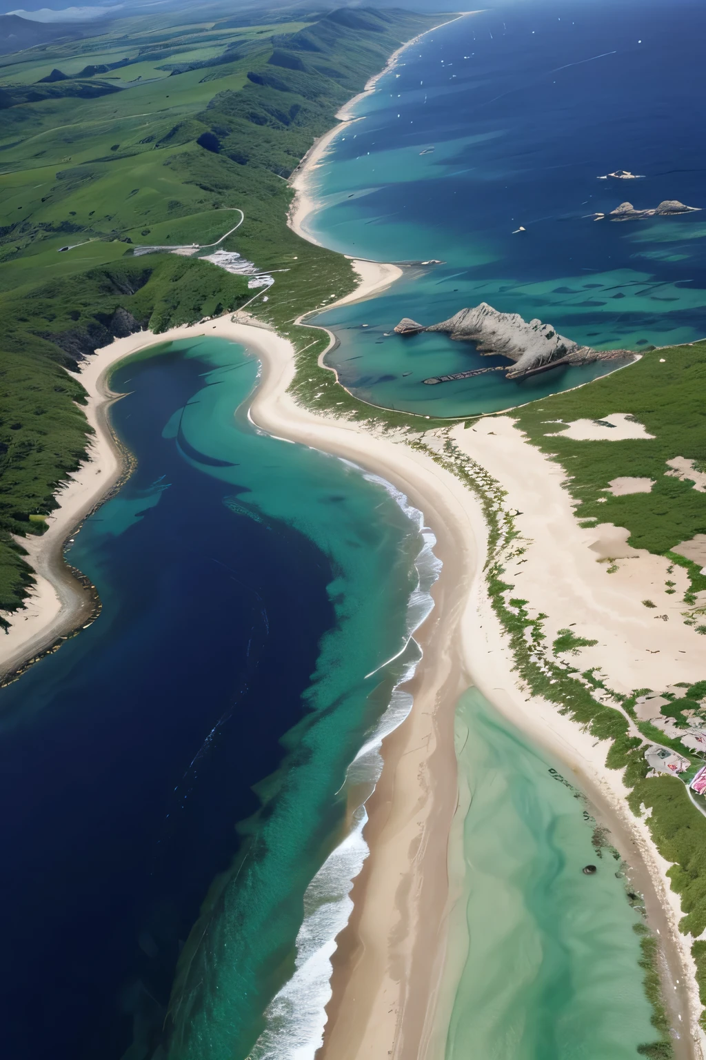 Dry land rising from the sea, with mountains and valleys, surrounded by vast oceans. Vegetation starting to appear, and a clear blue sky above. A primordial landscape, showing the creation of the Earth and the seas on a clear, sunny day.