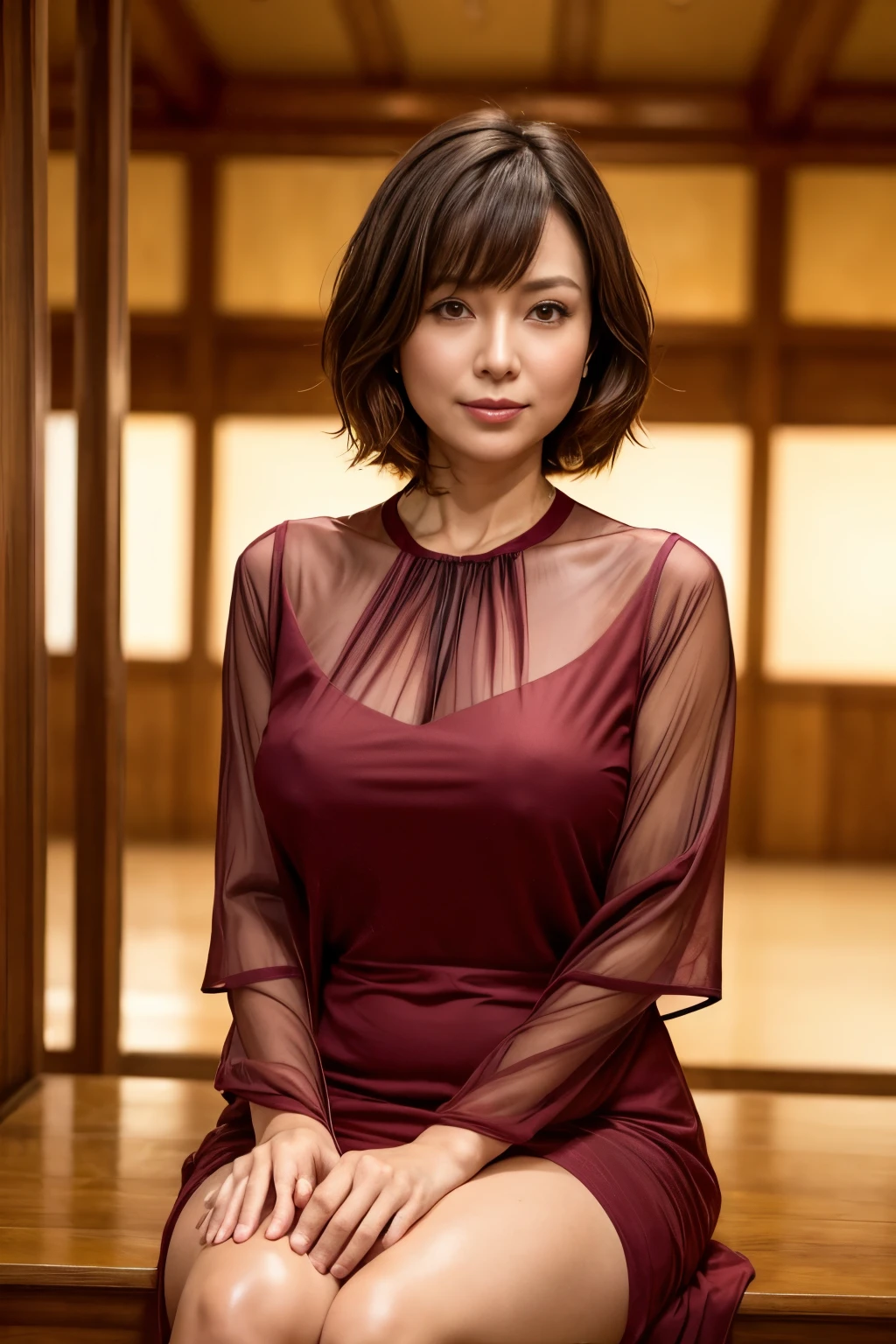 Highest quality, masterpiece, High resolution, Photorealistic, RAW Photos, 8k wallpaper, perfection, Professional Lighting, Very detailed, ((One beautiful woman)), 40 years old, Sexy Woman, ((Sexy dark red see-through dress)), Cleavage, Upper Body, ((View your viewers)), Detailed face, Beautiful Eyes, ((Look forward)), Stylish dining room, sunny, bangs, Shapely breasts, Short Bob Hair, Plump and glossy lips, Cowboy Shot, ((Place your arms between your legs))