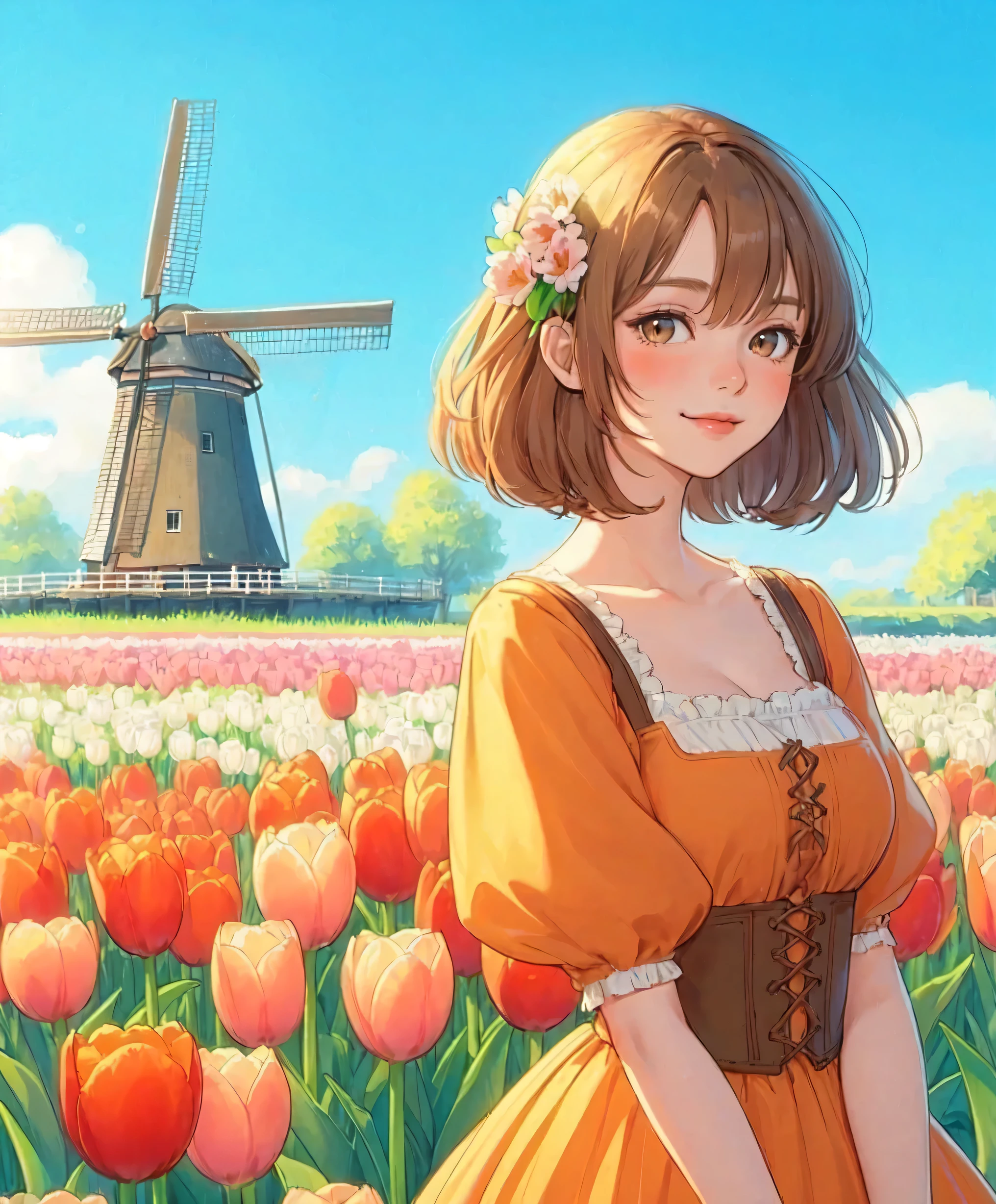 1lady standing, (looking at viewers), stylish outfit (elegant and breezy attire) (orange theme), (mature female:0.6), /(beige brown hair/) bangs, blush kind smile, (masterpiece best quality:1.2) delicate illustration ultra-detailed, large breasts BREAK (field of tulip) (vibrant colors), colorful tulips, outdoors, (traditional Dutch windmill), blue sky, noon, horizon, detailed background
