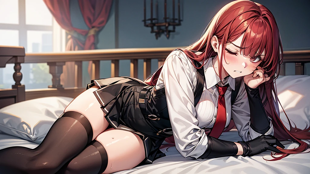 {{lying down on one's side}},{Lying on the bed},,,{{Resting with an aching body} {{lie down:1.6}},{{masterpiece}}, {{{Highest quality}}},{{Very detailed}}, {{figure}},{{tall}},{{Adult female}},,{{cowboy shot}},{1girl},{{Long sleeve mini skirt uniform}}},}}{}},{{Pain,}},{}, ,{{white blouse}},{}},,{{blushing with anger}},{{one eye closed,}},,{{Grit your teeth,suffering,v-shaped eyebrows.,Sweat dripping,raise one's eyebrows,}},{{}},,Slender body}}{{suffer}}{{Female police officer}},,,,suspenders ,Long sleeve mini skirt uniform, ,Black fingerless gloves, Long Red Hair, Red tie,Straight hair ,Blunt bangs,Thigh holster,.loafer,,blush,Wrinkles ,amount,Medium chest ,get annoyed,,Slums,
