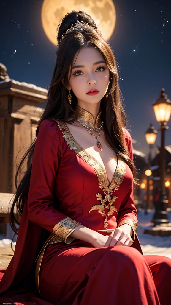 8K ultra hd, masterpiece,1 girl, ((realistic face)), detailed eyes, ((very long hair)), flowing hair, small breasts, royal dress, decorated dress, pink dress, anitque jwellery, detailed lacing, flowing cape, bare navel, moon light, amazing night outdoor, spot lights, glowing lights, depth of field, ray tracing, bloom, realistic shadow, tyndal effect, spreding, lights, looking at the audience, attractive pose,