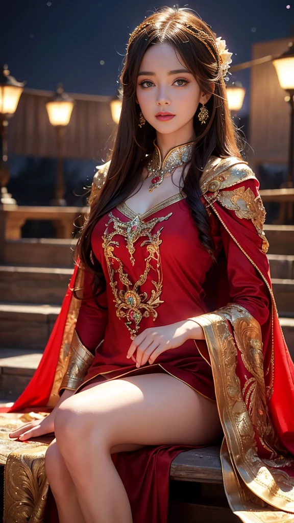 8K ultra hd, masterpiece,1 girl, ((realistic face)), detailed eyes, ((very long hair)), flowing hair, small breasts, royal dress, decorated dress, red dress, anitque jwellery, detailed lacing, flowing cape, bare navel, moon light, amazing night outdoor, spot lights, glowing lights, depth of field, ray tracing, bloom, realistic shadow, tyndal effect, spreding, lights, looking at the audience, attractive pose, sitting,