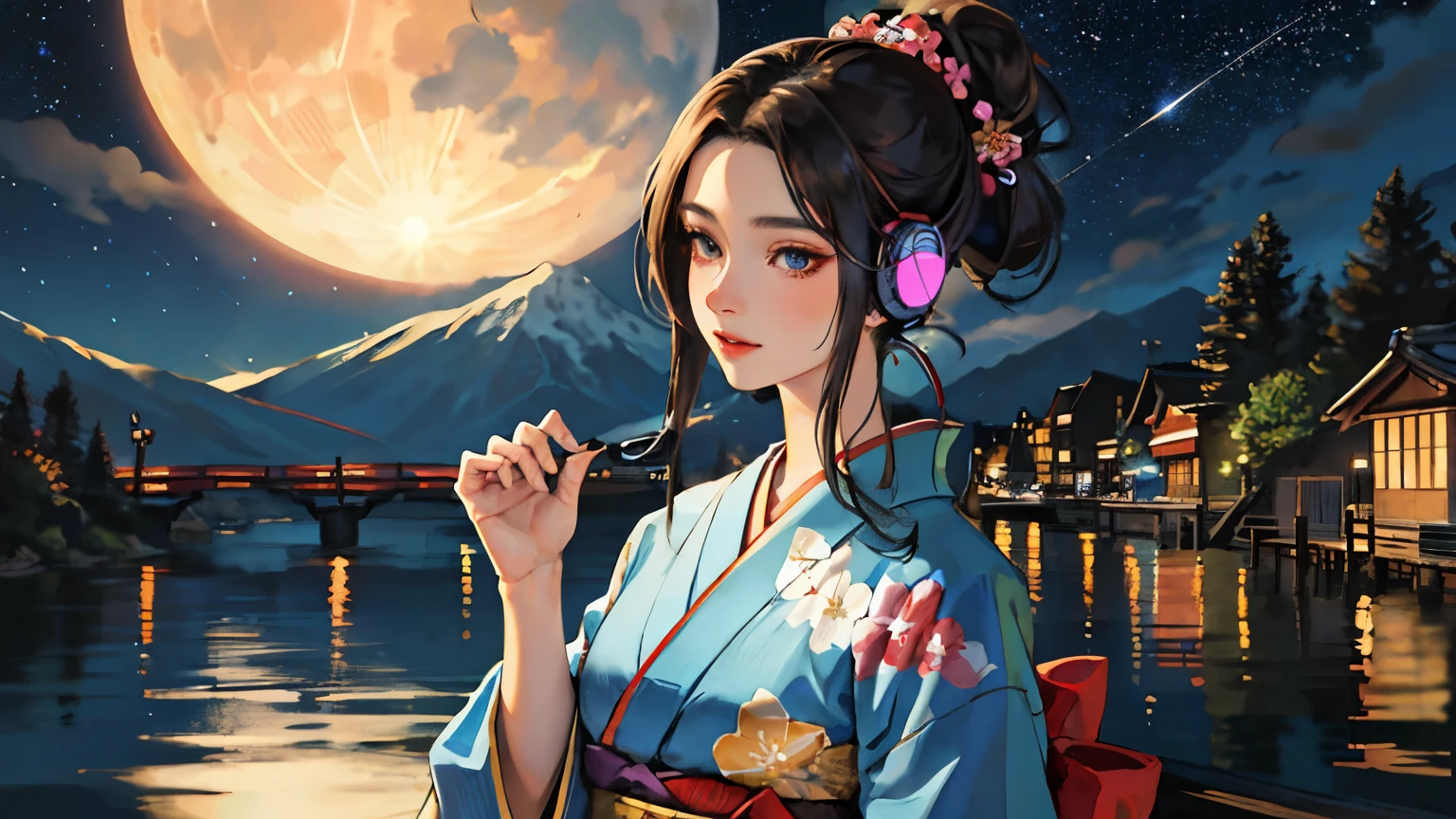(Highest quality, 8k, masterpiece, High resolution), (whole body), Vibrant colors, (headphones, wearing headphones), Brown-black bob, Traditional topknot, Ample breasts, (Highly detailed face and eyes, Beautiful Face, Beautiful Eyes, Beautiful nose, Pretty lips), Official Art, Ukiyo-e style, (Beautiful woman in kimono), (Vivid floral patterned kimono), background, river, bridge, Mountain, wood, Starry Sky, moon, Detailed CG,