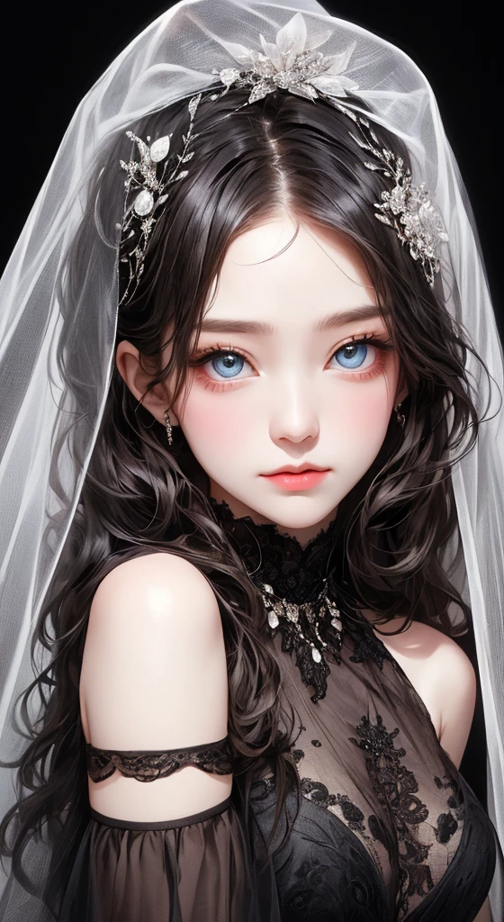 ((masterpiece, Highest quality, Very detailed, High resolution)), alone, beautiful girl, Shining Eyes, Perfect Eyes, , Black White Gold theme,Gothic、Lace Face Veil