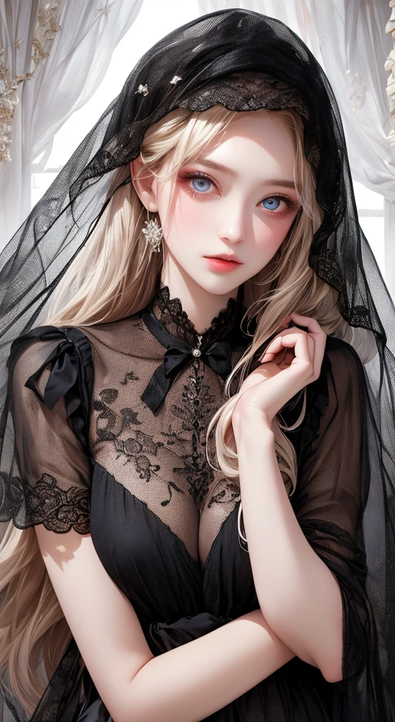 ((masterpiece, Highest quality, Very detailed, High resolution)), alone, beautiful girl, Shining Eyes, Perfect Eyes, , Black White Gold theme,Gothic、Lace Face Veil
