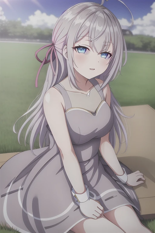 alisa,1girl,solo,long_hair,looking_at_viewer,bangs,blue_eyes,hair_between_eyes,hair_ribbon,ahoge,grey_hair,summer_dress,(pink_dress:1.2),sitting_on_ground,flower_field