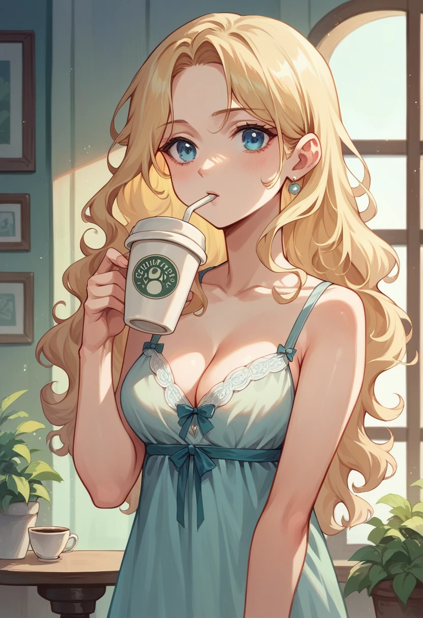 Jolie belle blonde portant une chemise blanche (Drinking coffee in a modern cafe at sunrise), very detailed, 22 ans, visage innocent, naturally wavy hair, blue eye, high resolution, head of&#39;artwork, best quality, intricate details, very detailed, sharpness, detailed skin, realistic skin texture, texture, detailed eyes, professionnel, 4K, charming smile, prise avec Canon, 85 millimeters, Slight depth of field, kodak vision color, corps parfaitement ajusté, extremely detailed, photo_\(ultra\), photorealistic, realistic, Post-traitement, maximum details, roughness, real life, ultrarealistic, Photorealism, la photographie, 8k uh, la photographie