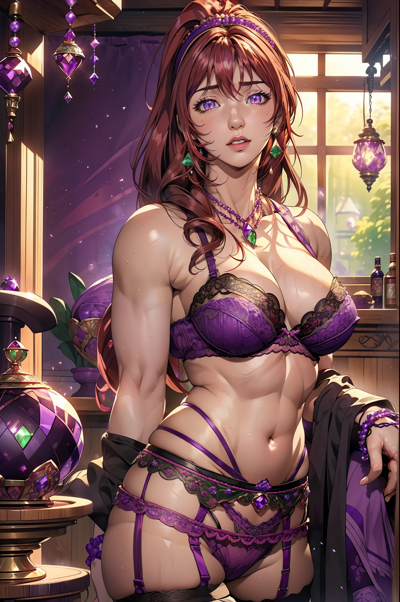 4k, masterpiece, 28-year-old beauty (takashirohiroko, purple eyes, round green earrings, high ponytail, beaded hairband, long red curly hair, big breasts, ((purple gem color underwear, thigh highs, garters)), erotic, nsfw