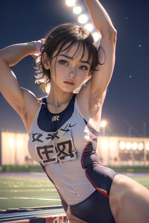 (9-year-old girl:1.5, Very slim:1.5, Very thin arms:1.5, Very Short Hair), (Tabletop:1.3), (8k, Realistic, RAW Photos, Highest quality: 1.4), (Shortcuts:1.3), ((Cute type, Big eyes, Droopy eyes, A pained cry:1.4, shout:1.4, Shout out, Stretch your arms:1.3)), (Real Skin), Beautiful Skin, 超High resolution, Ultra-realistic, High resolution, (夜のAthletics場, Track and Field:1.5), Athletics, (Show me your armpit:1.4)