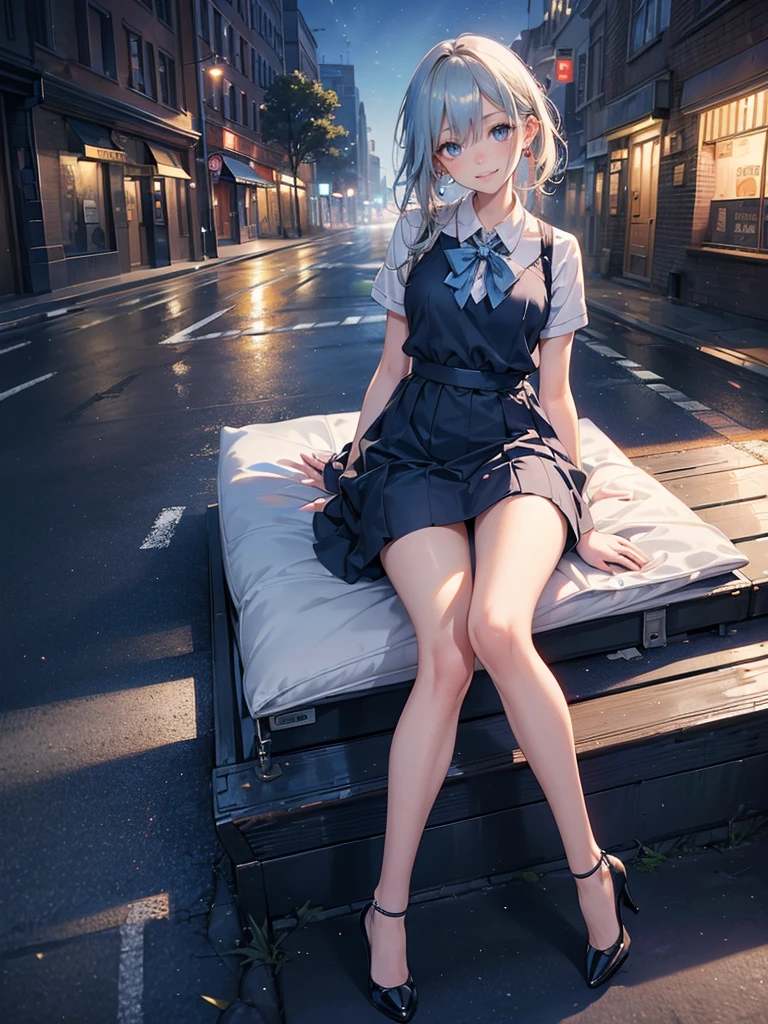 ((Biologically correct limb count)),(( From head to toe,Full-body photo including face)),4K,((Standing position)),masterpiece,((Focus on the face)),((Symmetrical facial features)),Eyes with detailed description,Beautiful woman,Great style,Beautiful arms,Beautiful legs,Beautiful Hands,(Small Ass,Thin thighs),Detailed depiction of the face,Small earrings,necklace,(Will school uniform,dress((High heels))),((Random outdoor night scenes)),(((blue blonde))),Realistic photo,Looking up,Look up,smile,Lie down on the road,Lying down,Panty shot