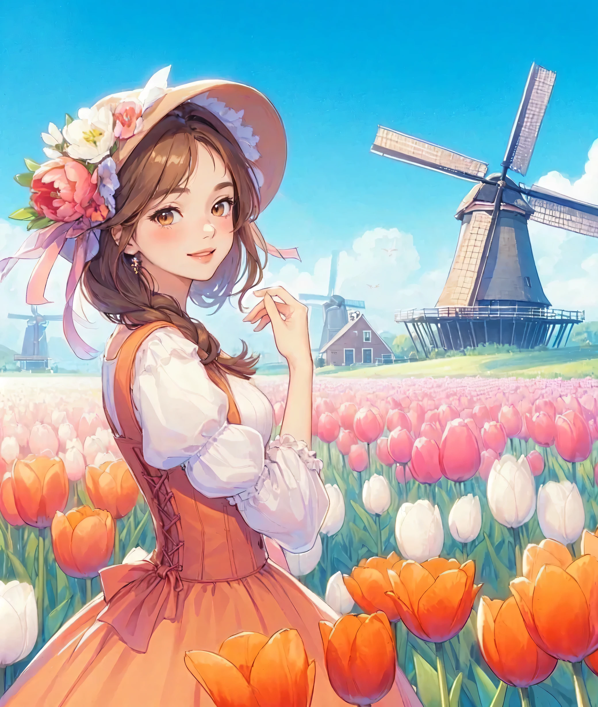 1lady standing, (looking at viewers), stylish outfit (elegant and breezy attire) (orange theme), (mature female:0.6), /(light brown hair/) bangs, blush kind smile, (masterpiece best quality:1.2) delicate illustration ultra-detailed, large breasts BREAK (field of tulip) (vibrant colors), colorful tulips, outdoors, (traditional Dutch windmill), blue sky, noon, horizon, detailed background