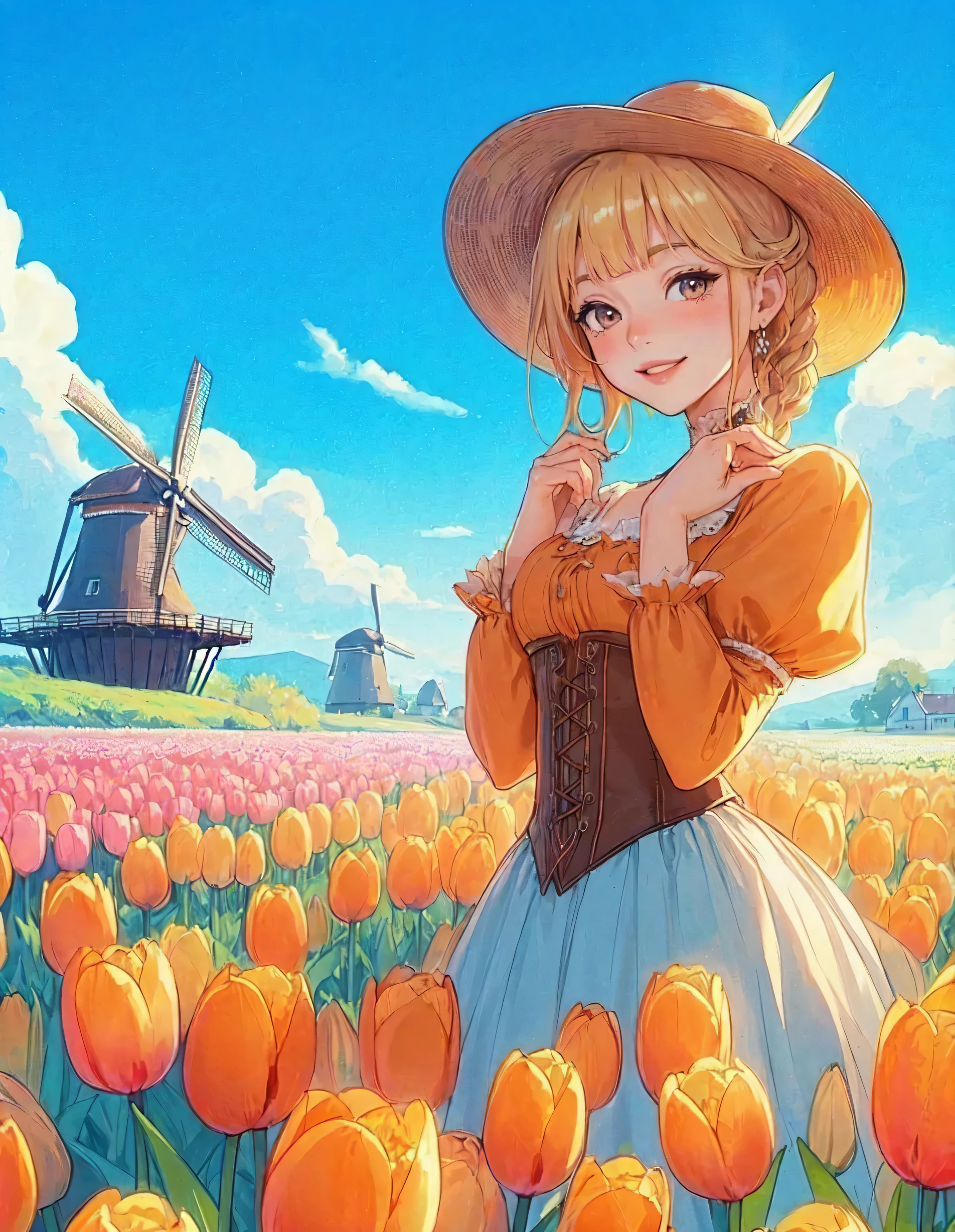 1lady standing, (looking at viewers), stylish outfit (elegant and breezy attire) (orange theme), (mature female:0.6), /(brown hair/) bangs, blush kind smile, (masterpiece best quality:1.2) delicate illustration ultra-detailed, large breasts BREAK (field of tulip) (vibrant colors), colorful tulips, outdoors, (traditional Dutch windmill), blue sky, noon, horizon, detailed background