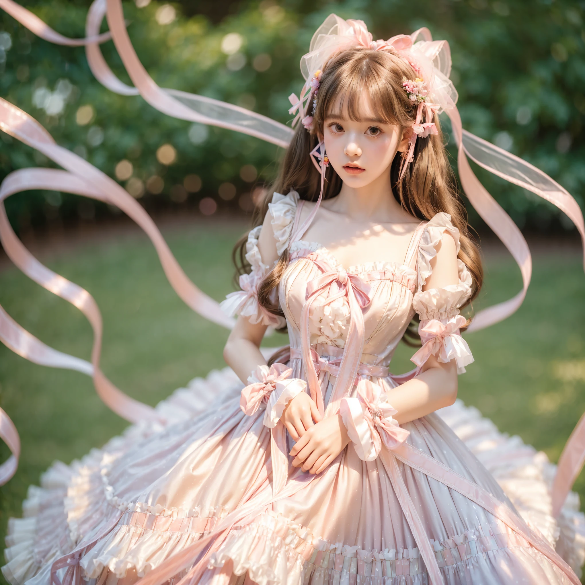 best quality, quality, masterpiece, photorealistic, standing, 1girl, solo, hair ribbon, sweetlolita, pink lolita dress, floor length dress, long and puffy dress, (((Lots of accessories and ribbons on her dress), outdoor, natural light, portrait, bokeh, Pale and soft color tone, 