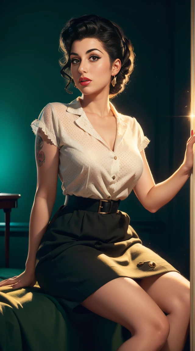 (work of art:1.4), (best qualityer:1.4), retro vintage pin-up style, extremely detailded, intrikate, hyper-detailded, illustration, soft lighting, Amy Winehouse 27 year old pin-up, Retro style of the 50s, characteristic hair, dotted skirt, Bend, ssmile, (perfect_Face), sitting not bad, ornated, intrikate, dramatic lighting, 4K, detailded_fund,  full-featured_cos, mil painting estilo Gil Evergren .