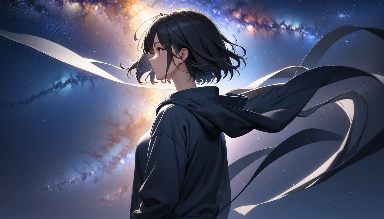 Starry Sky、milky way、One woman、Black Hair、Short Hair、Hair blowing in the wind、profile、Wearing a hoodie、Back view、Full body portrait
