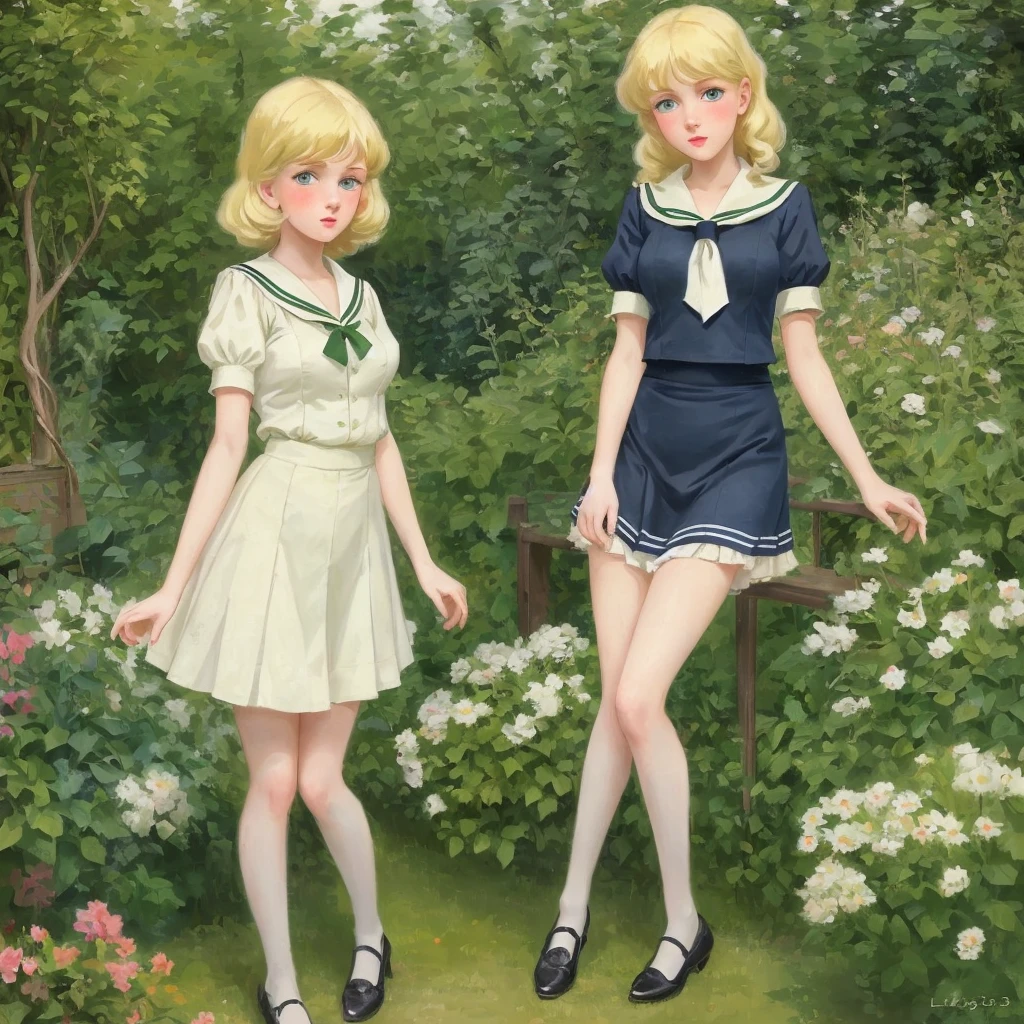 3 girls, long hair, Big , Blushing, blond, Green-eyed sailor suit short skirt 1933 style cute and beautiful girl 18 years old in the garden beautiful long legs high resolution, best quality, masterpiece, 