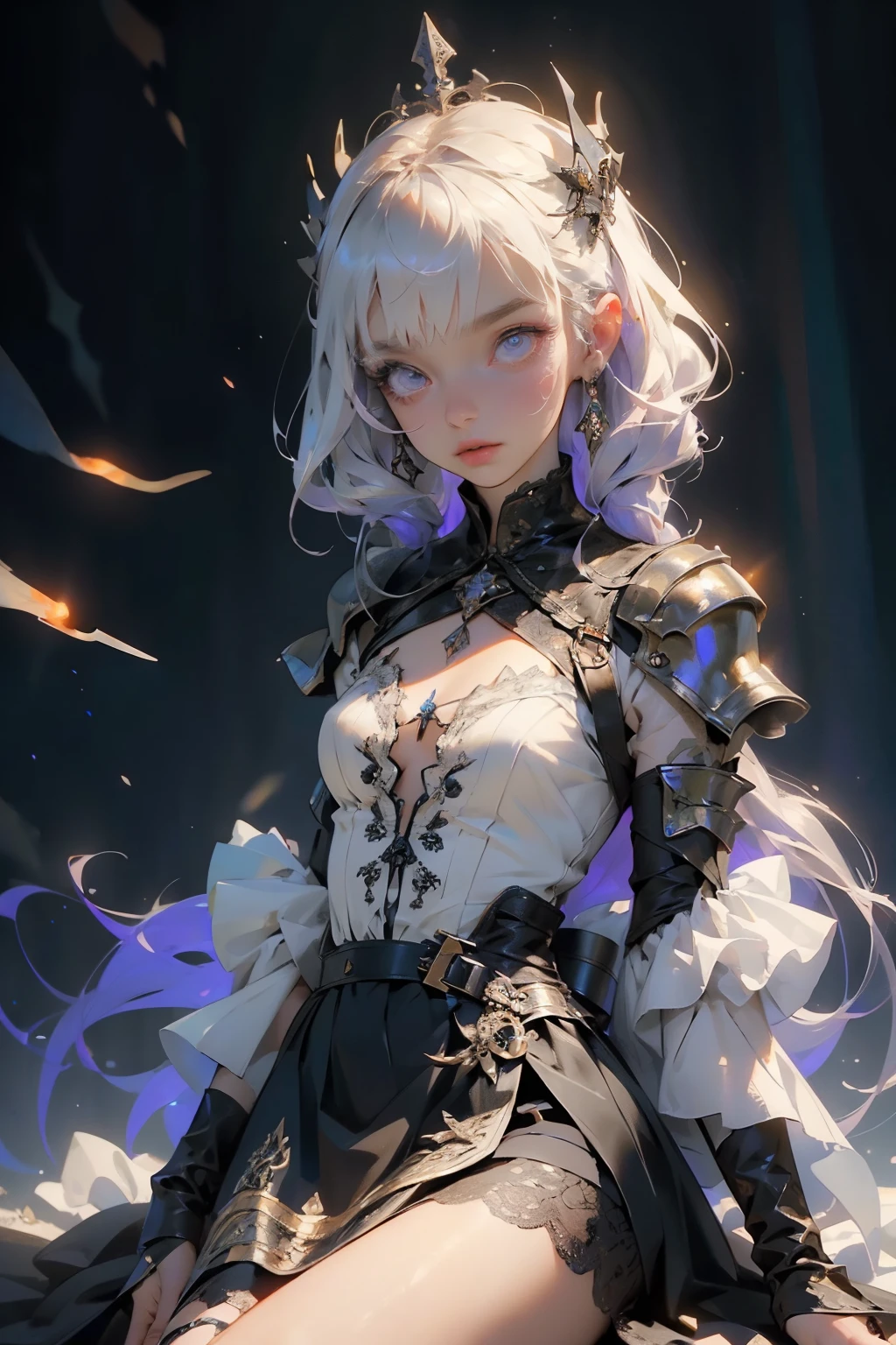 (((masterpiece, of the highest quality, super detailed))), (a female knight of an occult order), (minimal but intricate beautiful armour), Bloodborne inspired, occult aesthetic, occult, (red and white clothing detailed and intricate steampunk and detailed gothic), (with a hood), (((wielding a sword with a digital glitch-like effect to the blade as though it is rapidly flickering in and out of reality))), Complex laced boots, (Fluttering lace flared long knee length dress with frilly petticoats), long dress, knee length dress, pleated petticoats, petticoats, (((( Highly detailed face))), (((Very sharp focused eyes))), very long eyelashes, beautiful small breasts, (((flat chest:1.1))), Very dramatic and cinematic lighting, full body, whole body, body, cosmic horror, grim dark