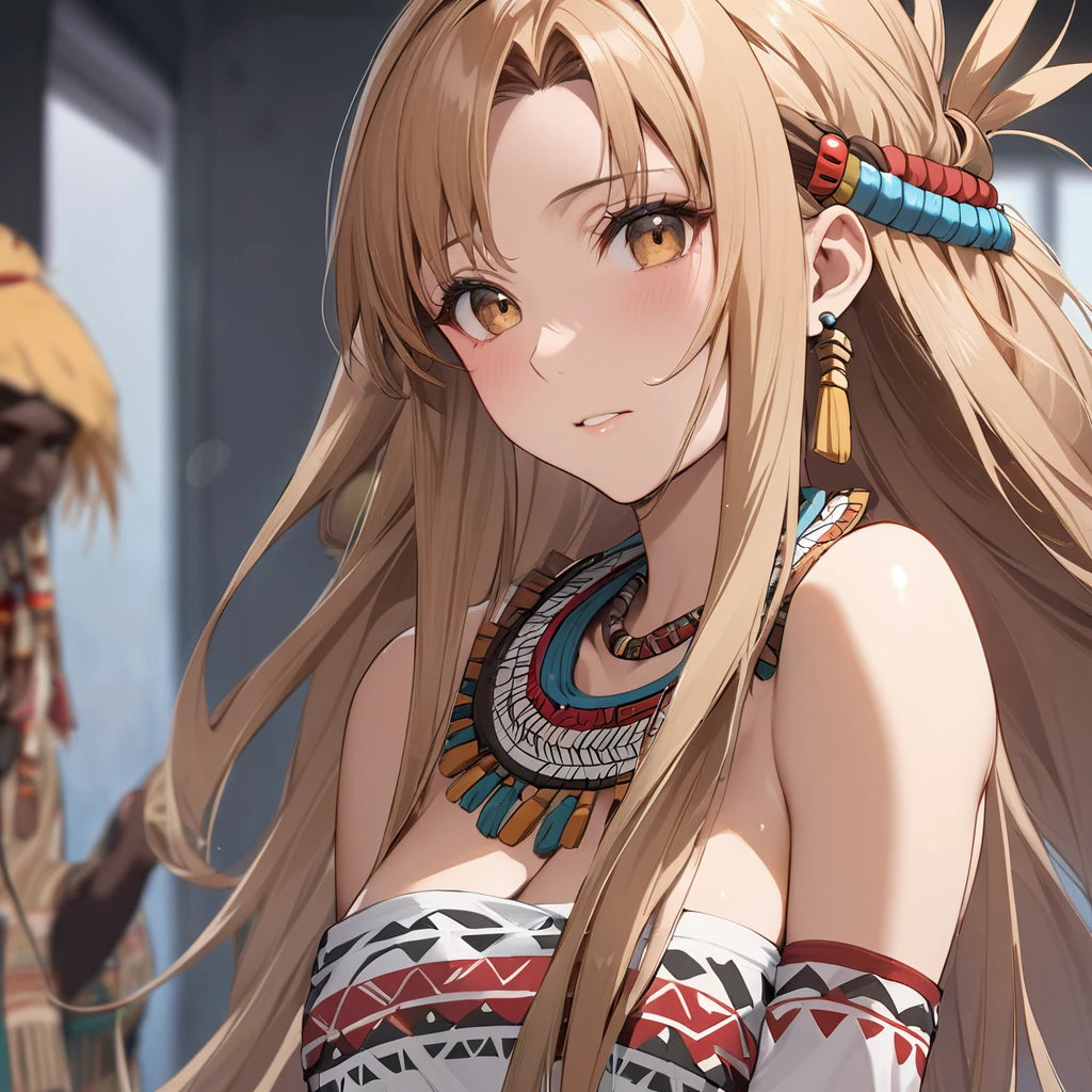 ((Highest quality)), ((masterpiece)), (detailed), (Perfect Face)、The woman is Asuna, a native African tribal woman with medium-long light brown hair, dressed in native tribal clothing and tribal accessories.
