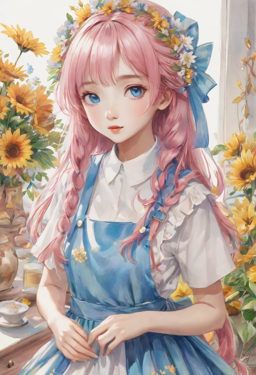 masterpiece、Highest quality、(Antique Style, Upper Body:1.5, 1 girl,Girlish: 1.2, Pink long hair: 1.1, blue eyes: 1.1, Big eyes)、(((Blank Background:1.5, No background:1.5, Background white:1.5))),(Colored pencil style)、Checked dress、apron、Flowers that bloom in autumn、Have a single flower、