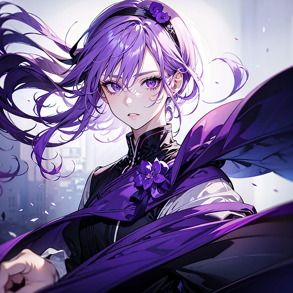 individual, high resolution, Purple Hair, Short Ponytail,High Ponytail, pointy-eared, Lips slightly open, Purple Eye, Heterochromia, Simple background/No background, Headband, blur background, Anime style, male