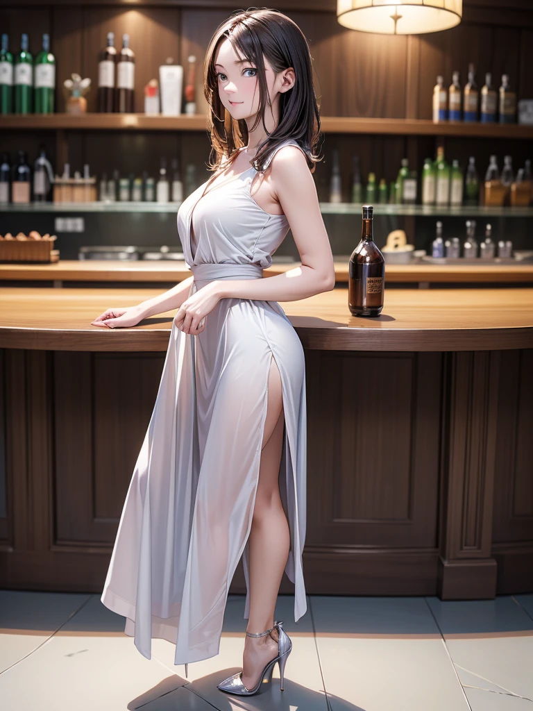 (masterpiece:1.3),(best quality, highest quality),((Full Body Shot,Including face)),4K,masterpiece,((Focus on the face)),((Symmetrical facial features)),Beautiful woman,(Slender),((High heels)),Detailed depiction of the face,In front of the bar counter,profile,Slenderな女性,Age 25,(((One cute woman))),