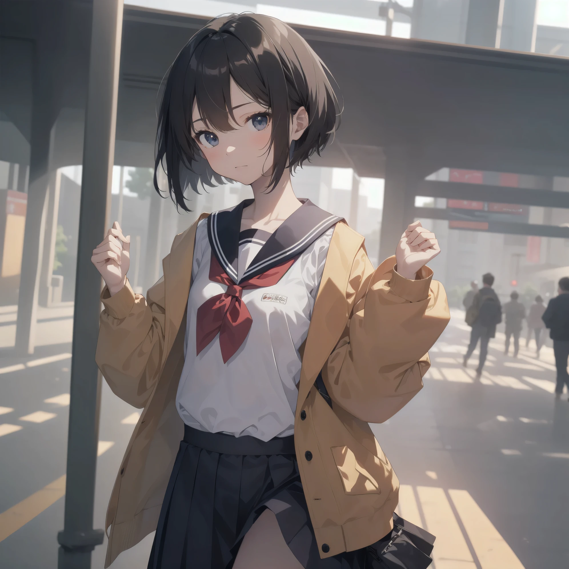 ultra-absurdres-Top quality by artist God, ultra-detailed, high resolution, anime moe artstyle, best anime 8k konachan wallpaper, pixiv contest winner, pool:2810, perfect anatomy,break, 1girl, (Please draw a girl walking sleepily to school alone. )break,(Solo,little female, 13-year-old:1.3),Full limbs, complete fingers,a junior high school student, (very short hair), short cut, flat chest, , small butt, small black eyes, beautiful detailed eyes, well-proportioned iris and pupils, expressive eyes, highres detailed hair, soft expression, salor school_uniform, sailor collar, serahuku, bow, pleated skirt,(Detailed Lighting), (Detailed background), in the School commute route. break,super detailed skin, Best cinematic lighting powered by famous artist, 8k,beauty illustration,photoshop_(medium),very aesthetic,break,((artist:yd_(orange_maru) )), artist:clamp ,artist:carnelian ,artist:kantoku ,