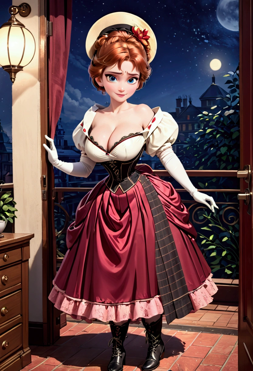 woman, ((Masterpiece, best quality)), full body view, bursting huge breasts, detailed skin, Anna from Frozen as a Gibson Girl socialite, stylish feminine Edwardian outfit, (((1900_dr3ss, picture hat, gloves, skirt, petticoats, silk stockings, boots))), at night, highly detailed, cinematic lighting, ultra realistic, blush, sexy pose, looking at viewer, anna, anna from movie Frozen, coquettish smile, sexy pose, Gibson Girl updo.