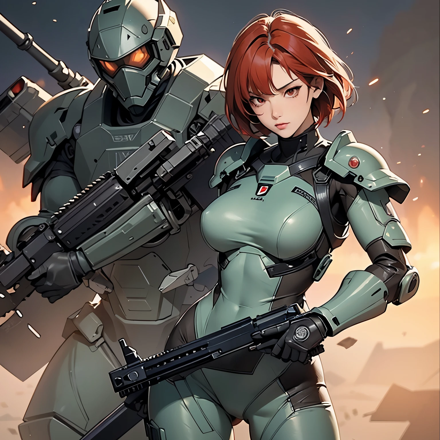 nsfw, anime screencap, 16K, perfect anatomy proportion body, perfect hands, action, A dynamic composition with a sense of speed and movement, (Hold an assault rifle:1.6), a wife, 40age, perfect beautiful delicate sexy face, perfect beautiful delicate slanted red eyes, red hair, swept bangs pixie cut, medium breasts, Camouflage colored heavy armor robotic steam engine full armor powered suit, Many robot soldiers having a gunfight in the background, Flying bullets, Desert Battlefield, war, cyber punk,