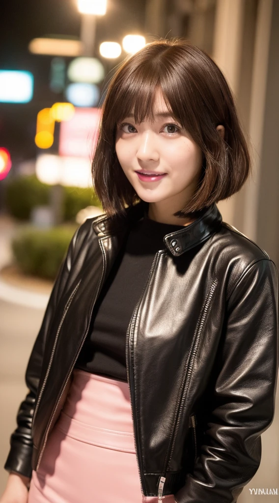 (((Yumikanoku))),((Highest quality, 8k, masterpiece :1.3)), One girl, smile, whole body, Slim face, Beautiful woman, (Dark brown hair), Tight leather pink suit,Pink Short Tight Skirt, Highly detailed face, Detailed eyes, double eyelid, Bokeh Background, Slim face, City of night, Neon Light,outside, Tokyo Street,Japan,leather jacket,Leather skirt,Bob cut short hair,