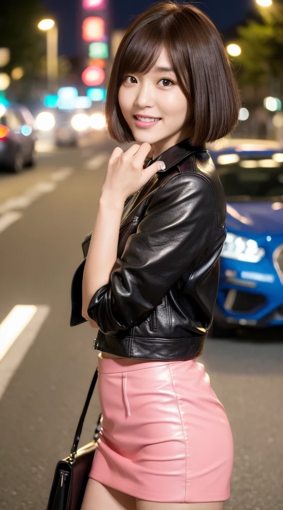 (((Yumikanoku))),((Highest quality, 8k, masterpiece :1.3)), One girl, smile, whole body, Slim face, Beautiful woman, (Dark brown hair), Tight leather pink suit,Pink Short Tight Skirt, Highly detailed face, Detailed eyes, double eyelid, Bokeh Background, Slim face, City of night, Neon Light,outside, Tokyo Street,Japan,leather jacket,Leather skirt,Bob cut short hair,