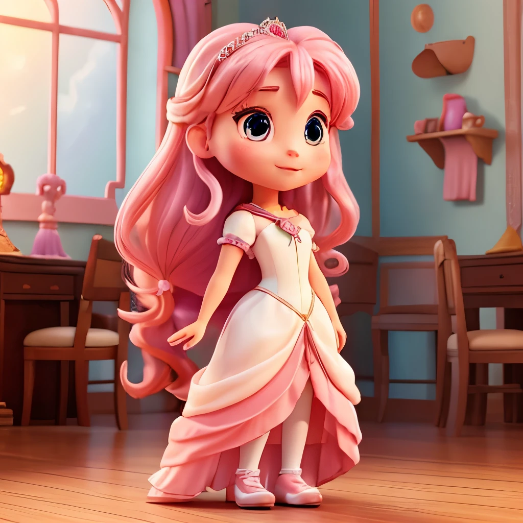 One girl、Disney Princesses、Princess-like atmosphere、Pink Hair Color、Long Hair、Wearing a white dress、Big pretty eyes、Light skin、whole body