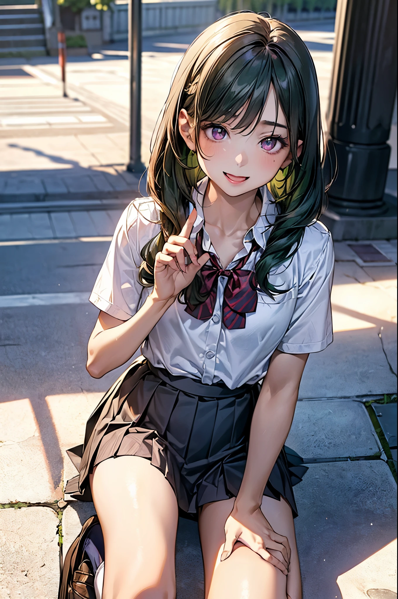 (masterpiece:1.3, Highest quality, Ultra-high resolution, Super detailed), (Realistic, photoRealistic:1.4), Beautiful illustrations, Perfect lighting, Natural light, colorful, Depth of written boundary, Surrealism, Beautiful detailed hair, Beautifully detailed face, Beautiful attention to detail, Beautiful clavicle, Beautiful body, Beautiful breasts, Beautiful thighs, Beautiful feet, Beautiful fingers, Glowing Skin, View your viewers, 1 girl, Japanese, high school girl, (Perfect Anatomy, Anatomically correct, Highly detailed skin), Cute and symmetrical face, Baby Face, Perfect Face, Perfect Eyes, Perfect Fingers, (Mid-length hair:1.6, Straight hair:1.2, Long Side Lock, Green Hair), Braided bangs, Purple eyes, Big eyes, Long eyelashes, (Medium chest, Captivating thighs), thin, Excellent style, ((Detailed cloth texture, break, break, White collared shirt, break, Grey pleated skirt, break, Dark red bow tie), break, Navy Blue School Socks, Black Loafers), (Beautiful views), (School entrance), elegant, (Cute smile, Small with open mouth),
