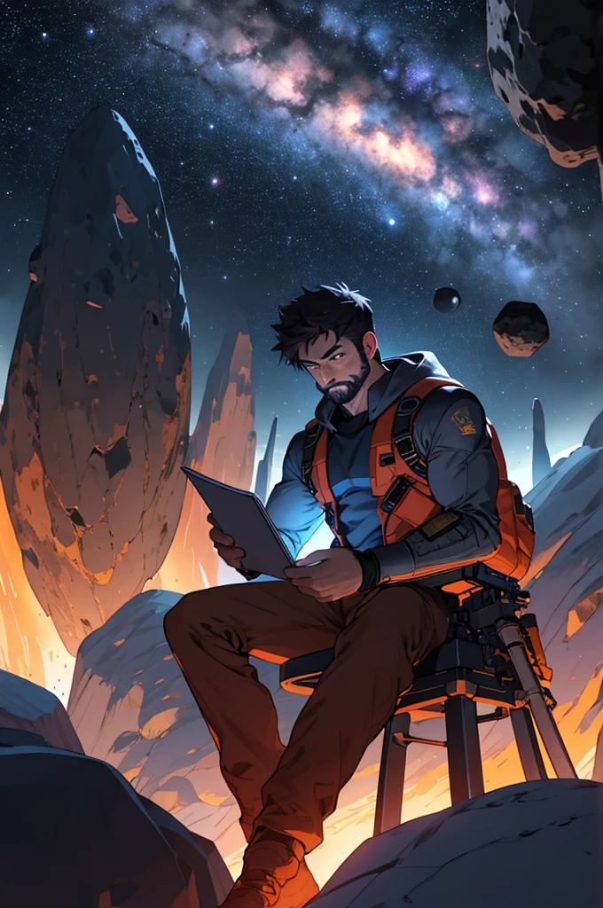 Draw a young programmer, sitting on a research platform floating in the middle of an asteroid belt. He is studying with a notebook, surrounded by several asteroids glowing with fiery auras. Dramatic lighting from distant stars and planets illuminates the scene, casting deep shadows on the suit. The young man looks confident and determined, looking at the vast and mysterious universe with wonder and respect,facial hair, cowboy shot,