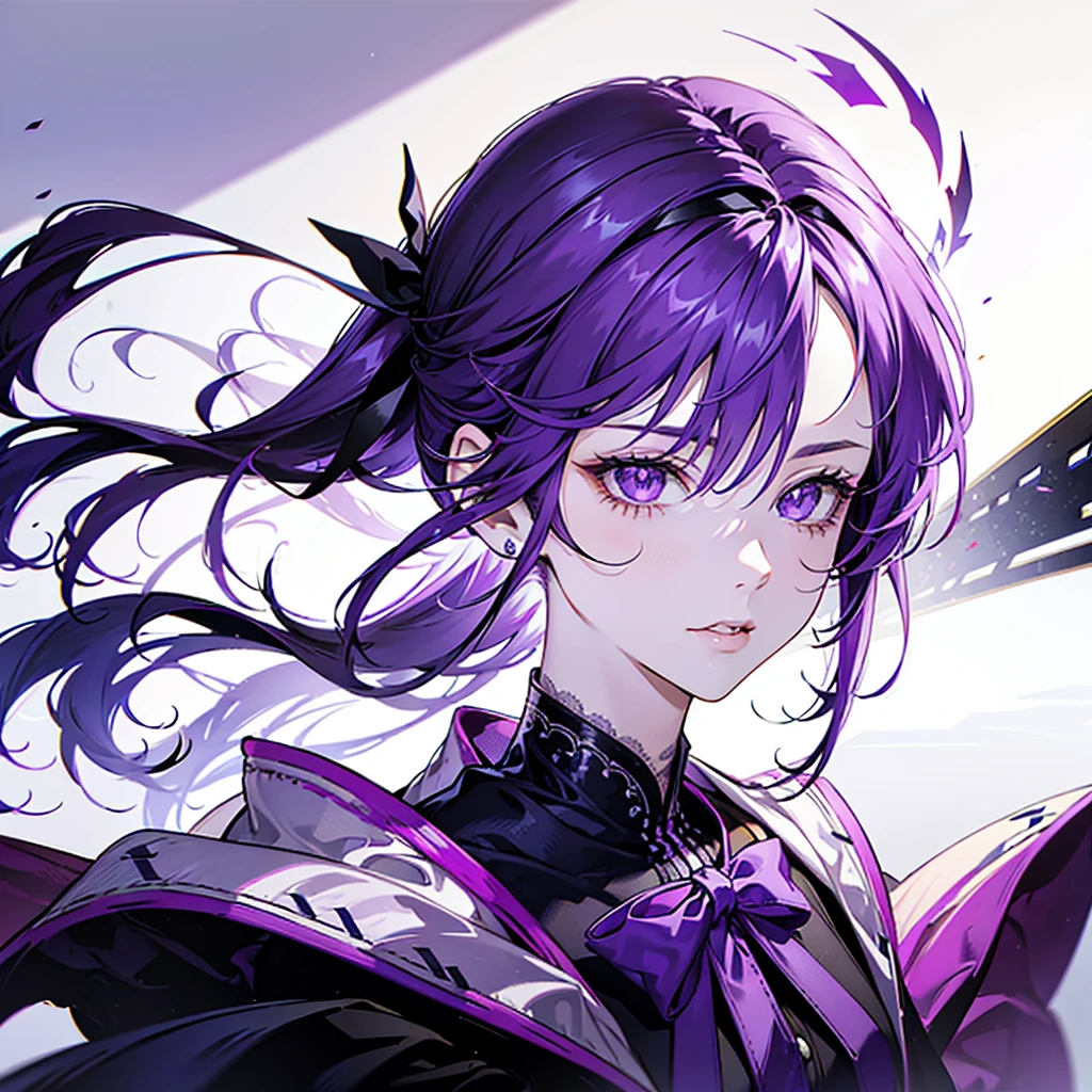 individual, high resolution, Purple Hair, Short Ponytail,High Ponytail, pointy-eared, Lips slightly open, Purple Eye, Heterochromia, Simple background/No background, Headband, blur background, Anime style, male