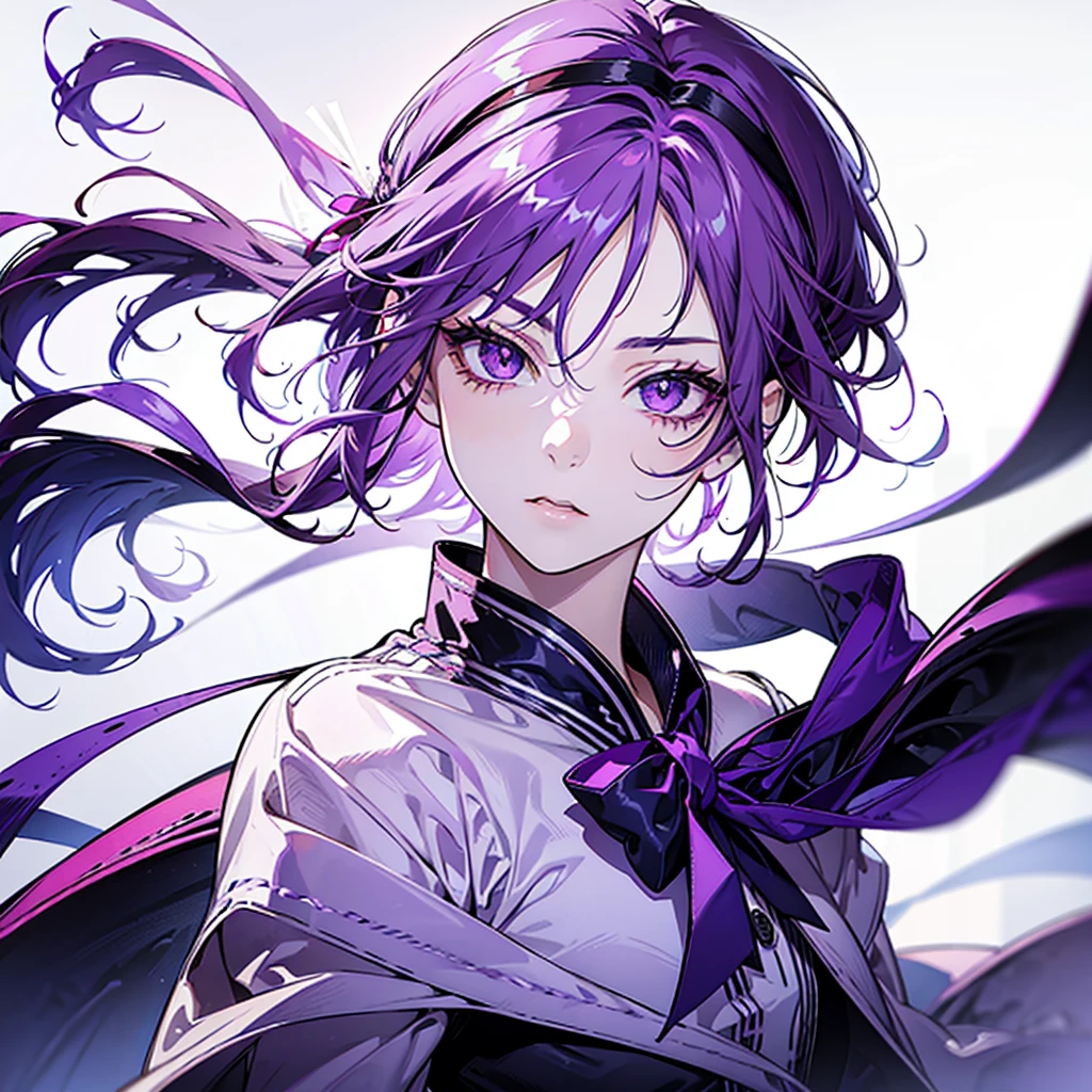 individual, high resolution, Purple Hair, Short Ponytail,High Ponytail, pointy-eared, Lips slightly open, Purple Eye, Heterochromia, Simple background/No background, Headband, blur background, Anime style, male