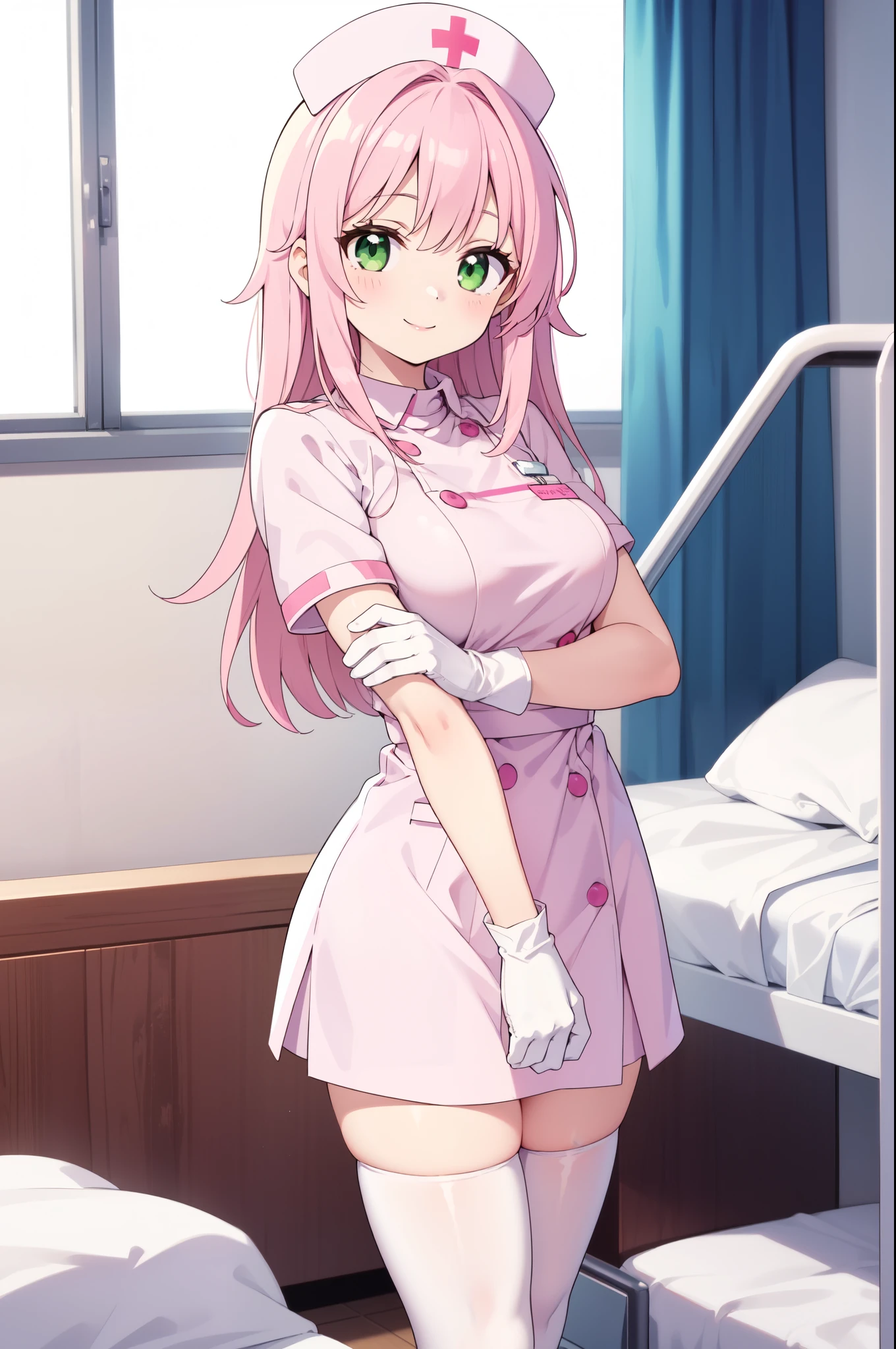 1woman, solo, nurse, white nurse cap, white nurse uniform, ((white legwear, zettai ryouiki)), white gloves, pink hair, green eyes, drooping eyes, pink lips, smile, standing, ((hospital room)), sharp outline, short sleeves, mature female, 32 years old, best quality, masterpiece