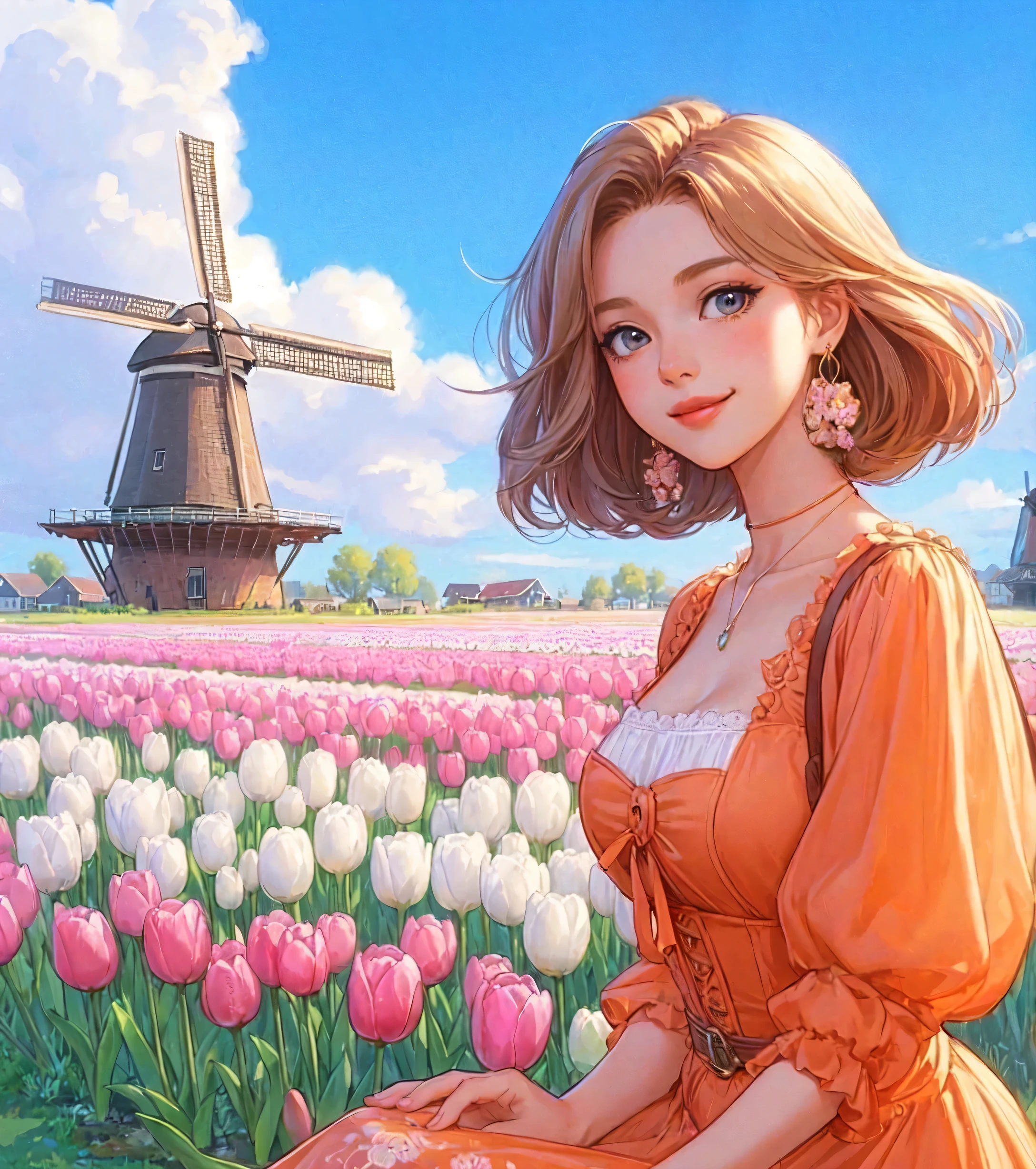 1lady standing, (looking at viewers), stylish outfit (elegant and breezy attire) (orange theme), ( female:0.6), /(blond beige hair/) bangs, kind smile, (masterpiece best quality:1.2) delicate illustration ultra-detailed, large breast (field of tulip) (vibrant colors), colorful tulips, outdoors, (traditional Dutch windmill), blue sky, noon, horizon, detailed background