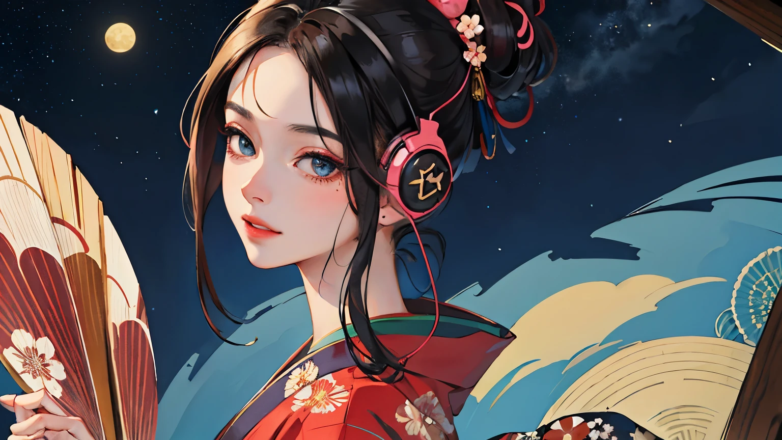 (Highest quality, 8k, masterpiece, High resolution), (whole body), Vibrant colors, (headphones, wearing headphones), Brown-black bob, Traditional topknot, Ample breasts, (Highly detailed face and eyes, Beautiful Face, Beautiful Eyes, Beautiful nose, Pretty lips), Official Art, Ukiyo-e style, (Beautiful woman in kimono), (Vivid floral patterned kimono), background, river, bridge, Mountain, wood, Starry Sky, moon, Detailed CG,