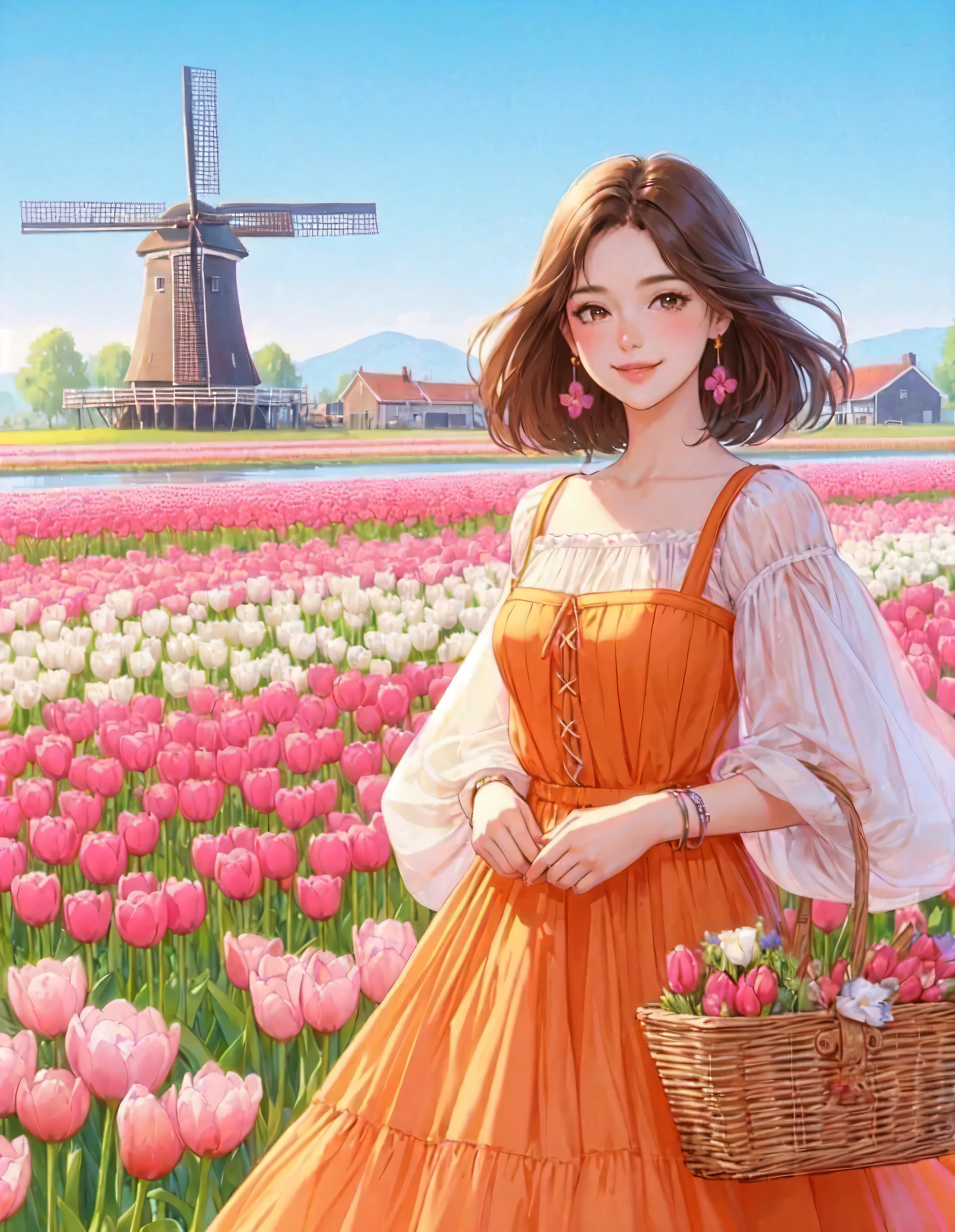 1lady standing, (looking at viewers), stylish outfit (elegant and breezy attire) (orange theme), (mature female:0.6), /(brown hair/) bangs, blush kind smile, (masterpiece best quality:1.2) delicate illustration ultra-detailed, large breasts BREAK (field of tulip) (vibrant colors), colorful tulips, outdoors, (traditional Dutch windmill), blue sky, noon, horizon, detailed background