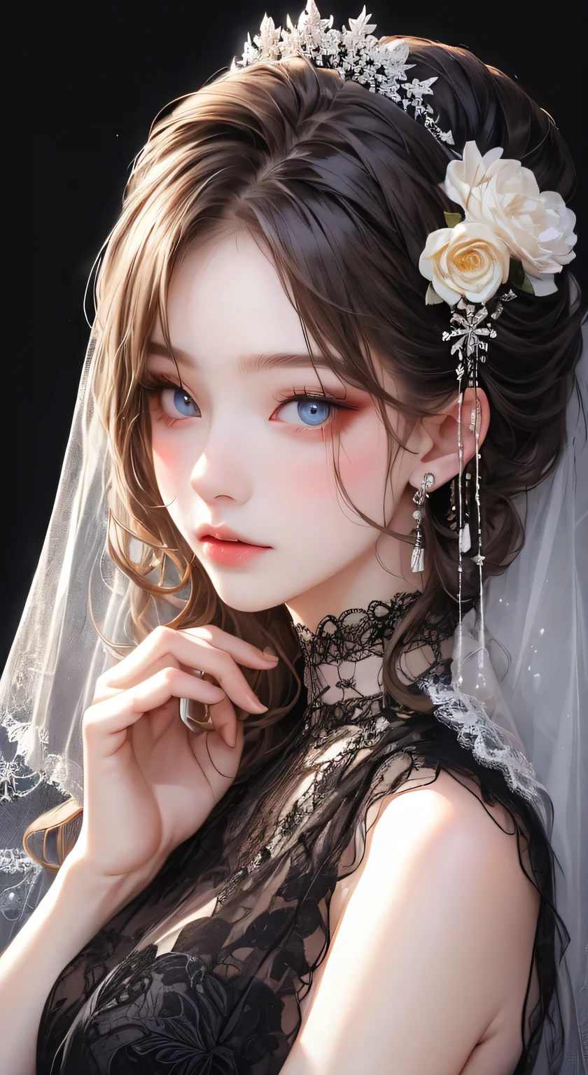 ((masterpiece, Highest quality, Very detailed, High resolution)), alone, beautiful girl, Shining Eyes, Perfect Eyes, , Black White Gold theme,Gothic、Lace Face Veil
